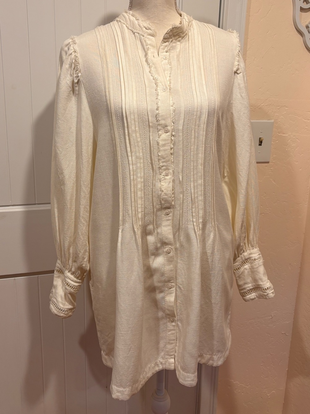 Free People Ivory Pintuck Tunic Blouse M Boho Prairie Balloon Sleeve Cottage